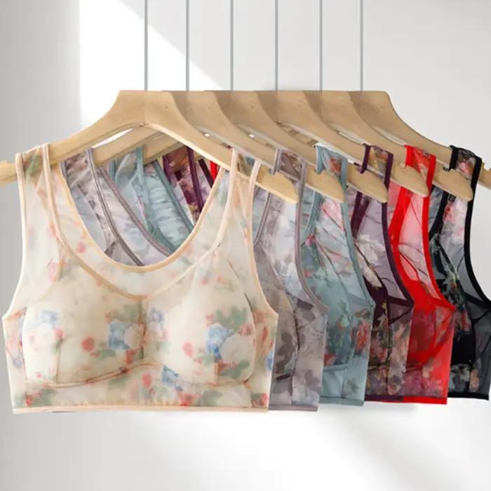 Soutien-gorge imprimé Floral pour femmes d'âge moyen, maille fine, large bandoulière, sans fil, Anti-accroc, Push Up, sans couture, pour mère