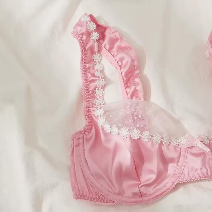 Ensemble de lingerie en satin rose doux, soutien-gorge en dentelle florale, sous-vêtements de luxe, lingerie de mariée, lingerie intime, lingerie sexy à pois avec empiècements en maille