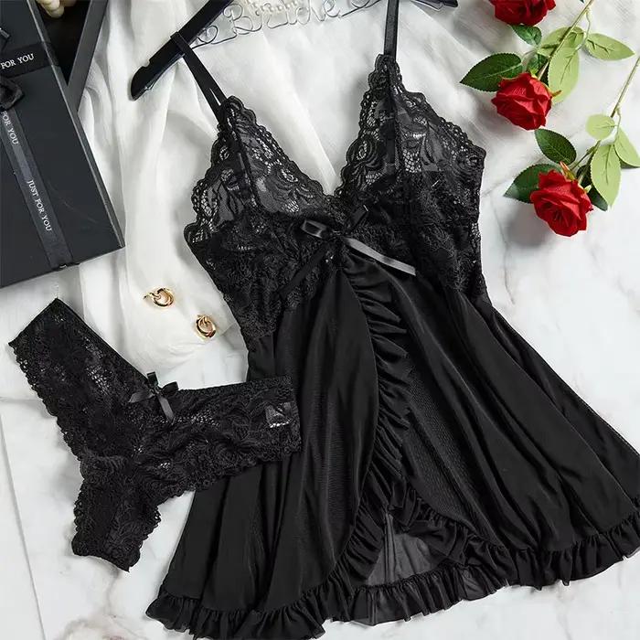 Robe Ultra-courte transparente, Lingerie Sexy, légère, décolleté en V profond, vêtements de nuit, pyjama pour femmes, chemise de nuit en dentelle
