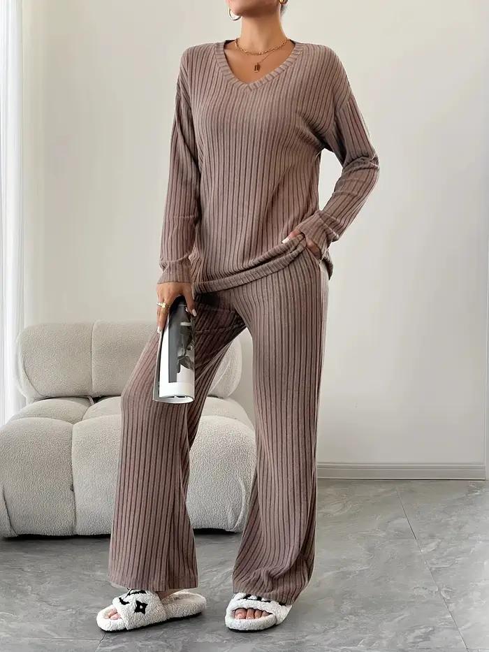 Ensemble pyjama 2 pièces pour femmes, vêtements de nuit, col en v, hauts et pantalons en tricot côtelé, vêtements de maison décontractés, automne et hiver