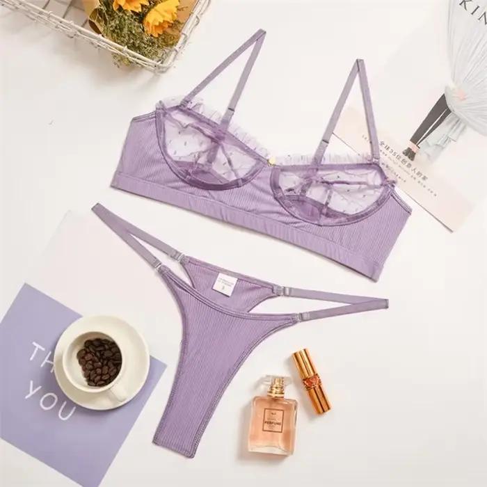 Ensemble de lingerie en dentelle à volants pour femmes, sous-vêtements en maille, soutiens-gorge transparents, culotte, ensembles brefs, lingerie sexy blanche, ensemble de soutien-gorge sans couture,