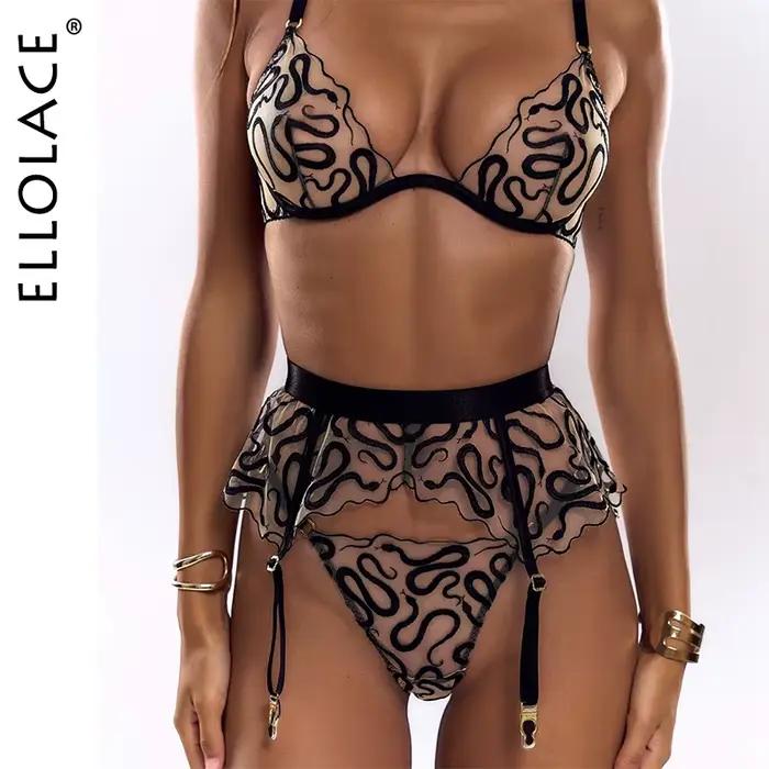 Ellolace – Lingerie audacieuse pour femmes, sous-vêtements brodés de Serpent exotiques, dentelle transparente, soutien-gorge séduisant, bas de jarretelles, ensembles de 5 pièces