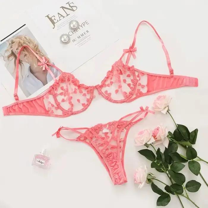 Ensemble de soutien-gorge en dentelle brodée de cœur pour femmes, 2 pièces, soutien-gorge transparent, culotte, lingerie, sous-vêtements sexy pour dames, 2023