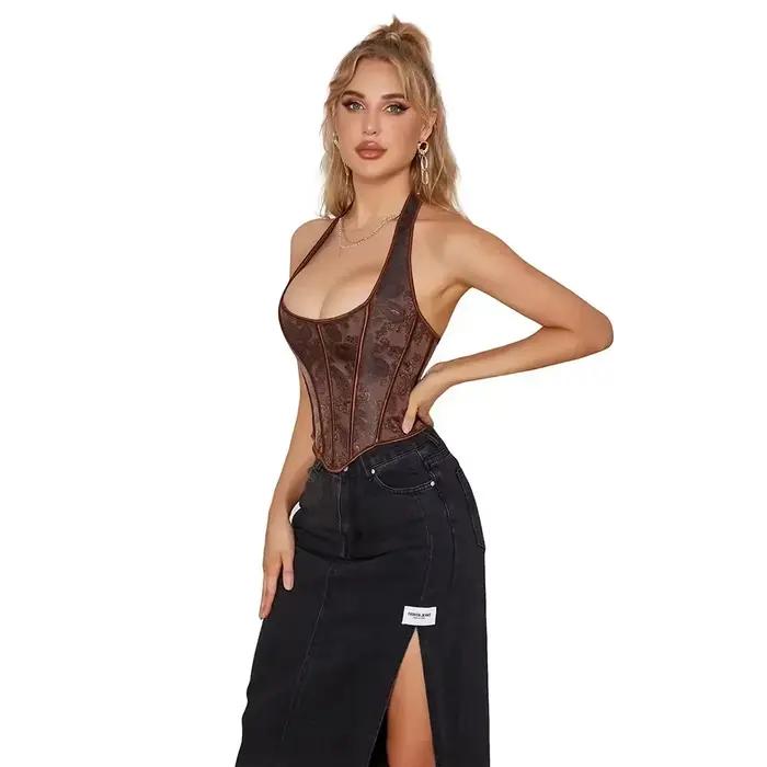 Corset Sexy avec sangle, Bustier grande taille pour femmes, broderie de fleurs, surbuste, torse court, Lingerie Vintage à la mode