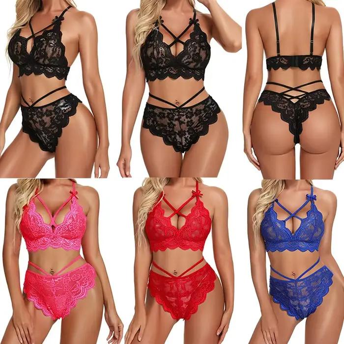 Ensemble deux pièces Sexy en dentelle à trois points, multicolore, tentation fine, sous-vêtements de jeu de rôle pour filles mignonnes, Lingerie pour femmes