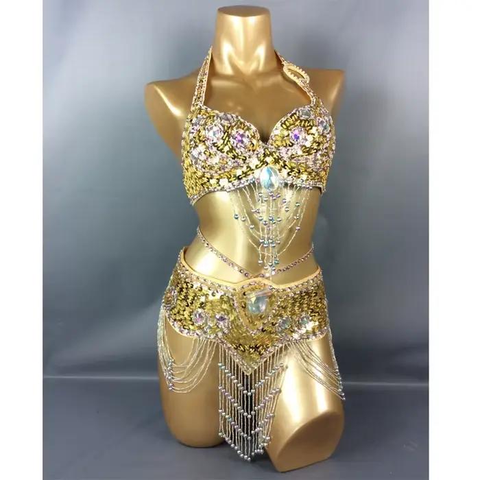Vente chaude femmes perles paillettes danse du ventre Suite ceinture + soutien-gorge Samba Costumes Club USA soutien-gorge taille 34B,36B,38B,40B,34D,36D,38D,40D