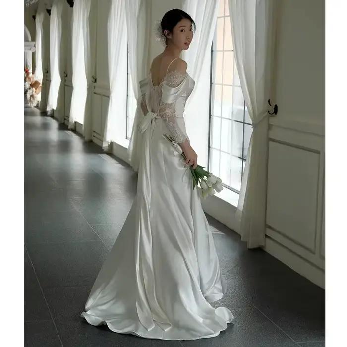 Robe de Mariée en Satin à Bretelles de Style Français, Tenue en Dentelle Traînante Simple, Nouveauté