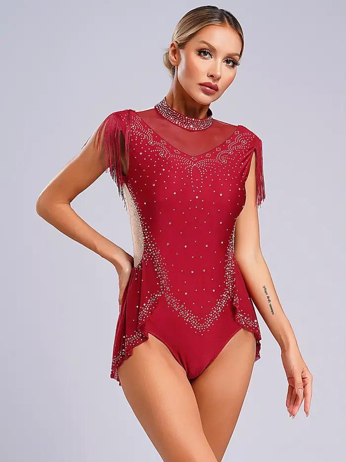 Body de patinage artistique pour femmes, Tango Latin, Salsa, Jazz, vêtements de danse, strass scintillants, épissure, justaucorps de gymnastique artistique