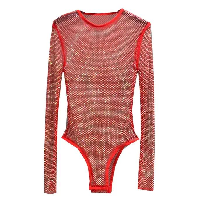 Combinaison en résille à paillettes brillantes, Sexy, transparente, à la mode, pour dames, boîte de nuit, fête, Fiber de Polyester, manches longues, haute élasticité