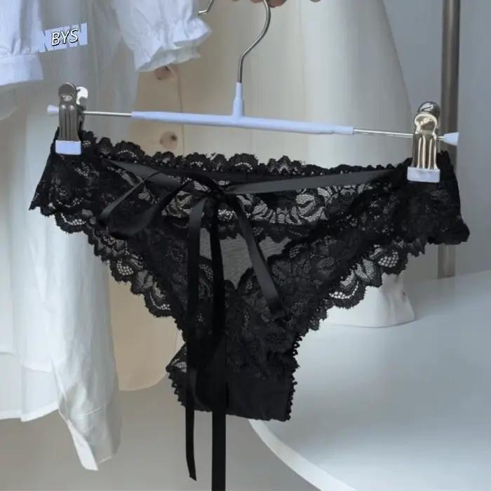 Culottes transparentes à taille basse en dentelle style français avec nœud et fleurs, slips sans couture pour femmes, cadeaux