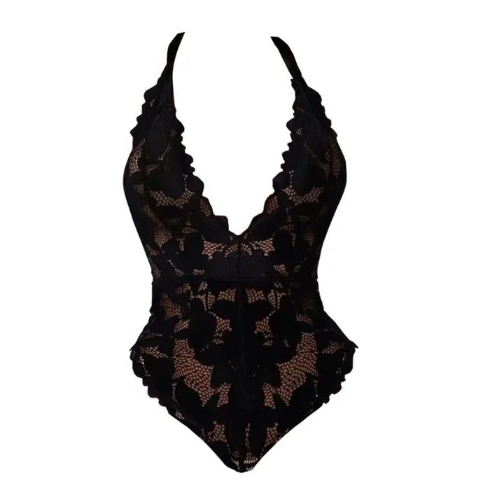 Femmes dentelle noire Lingerie Sexy col en V profond dos nu Teddy body femmes serré Ultra mince Lingerie Sexy nuisettes érotiques