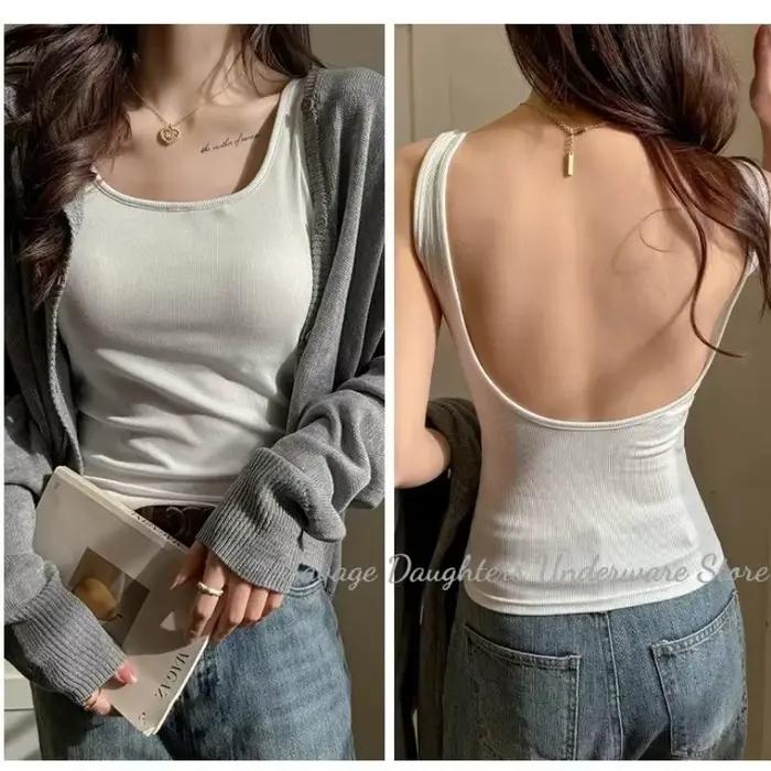 Débardeurs sans dos avec soutien-gorge intégré pour femme, blancs, sexy, col carré, sans manches, pour l'été, et camisoles noires pour femme