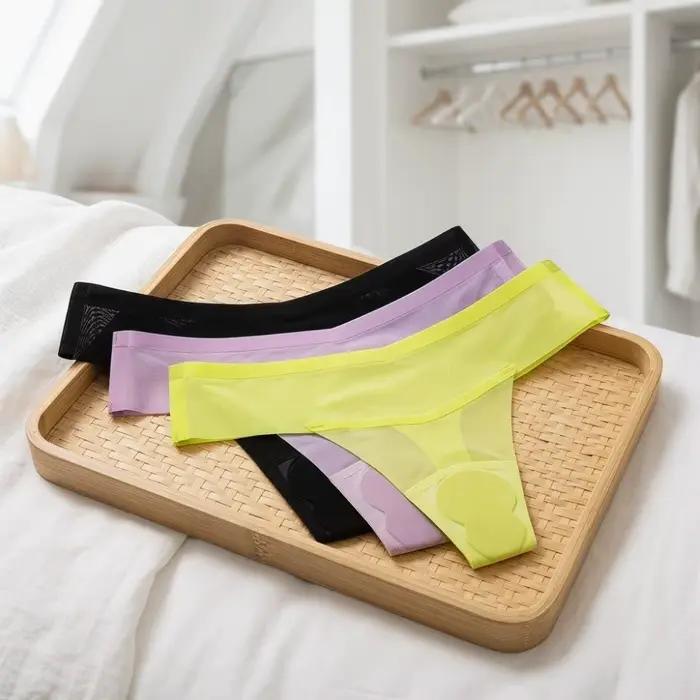 Culotte string transparente en soie glacée taille basse pour femme, idéale pour le yoga et le fitness, sous-vêtement fin d'été anti-embarras pour femme