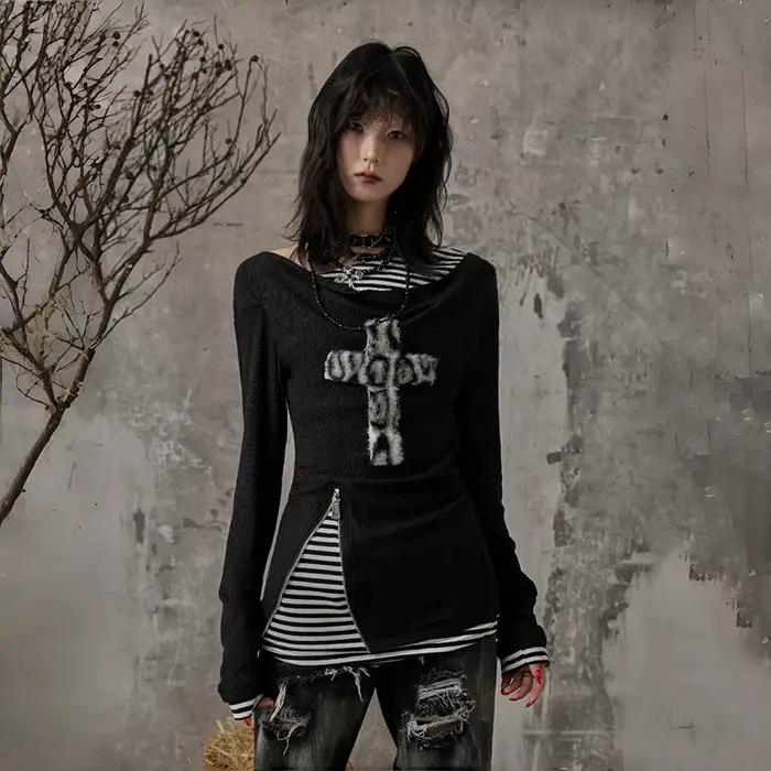 Haut grunge patchwork avec col fendu pour femmes, style Y2K rebelle pour printemps été