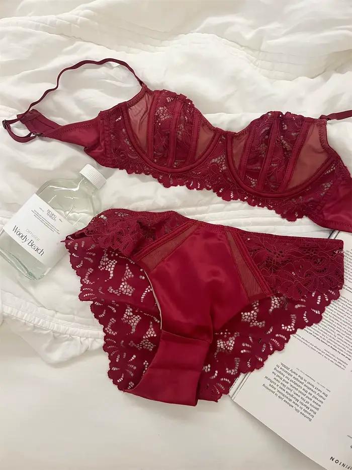 Lingerie sexy rouge dentelle niche évidé avec anneau en acier soutiens-gorge femmes rassemblées soutien-gorge dames sous-vêtements ensemble de soutien-gorge