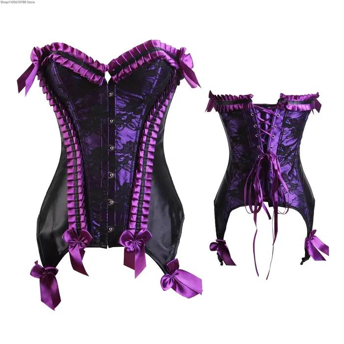 Corset bustier à volants pour femme, style vintage, en dentelle et satin, avec nœud et jarretelles, gaine amincissante, tenue de cosplay, scène, fête, performance