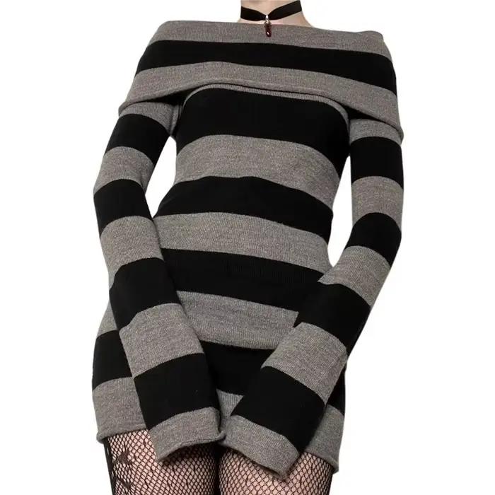 Y2K Pruhované Mini Šaty Mall Goth Grunge Emo Priliehavé Elegantné Pre Ženy S Odhalenými Ramenami Dlhé Rukávy Slim Fit