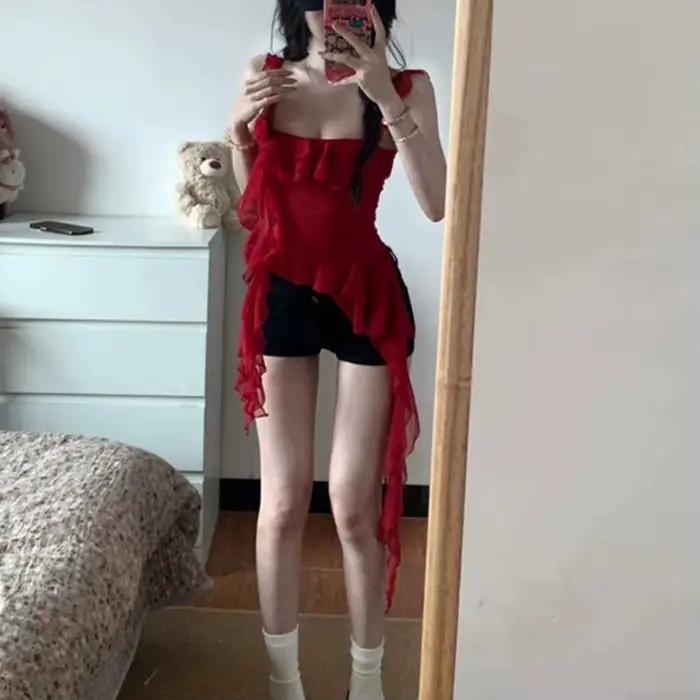 Módny bezramienkový tielkový top so sexy volánmi a otvoreným chrbtom