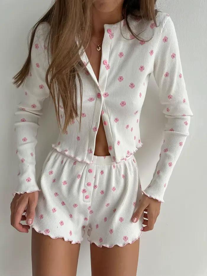 Ensemble pyjama côtelé en tricot pour femme, imprimé floral, haut à manches longues et short, vêtements décontractés pour la maison, vêtements de nuit