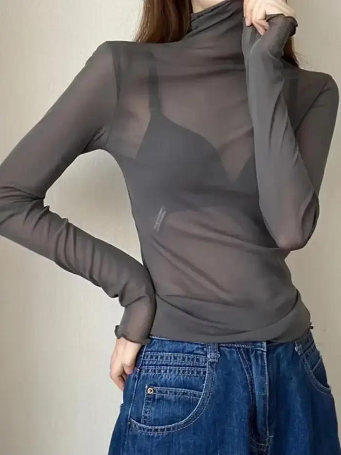 Dámske sexy tričko priesvitné cez priehľadnú sieťovinu s dlhými rukávmi čisté tenké