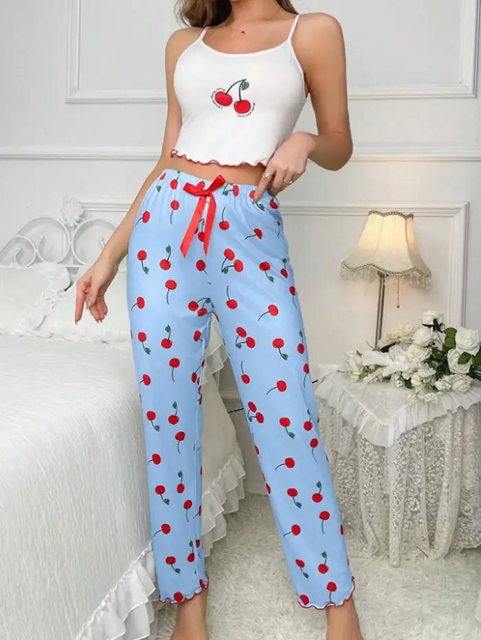 Y2K Coquette cerise imprimé pyjama ensemble femmes Cami haut court pantalon deux pièces vêtements de nuit vêtements de détente été printemps automne tenues
