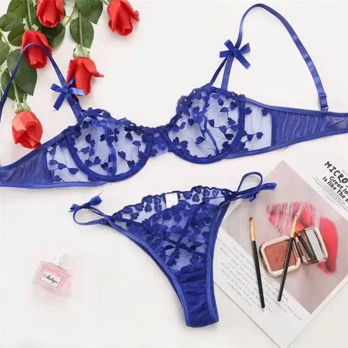 Ensemble de soutien-gorge en dentelle brodée de cœur pour femmes, 2 pièces, soutien-gorge transparent, culotte, lingerie, sous-vêtements sexy pour dames, 2023