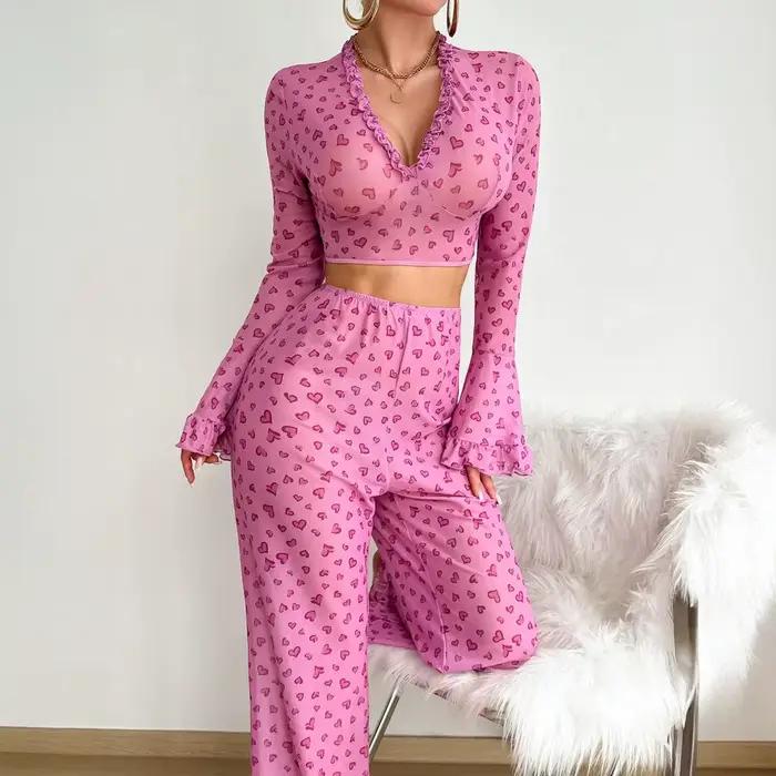 Ensemble pyjama 2 pièces pour femmes, imprimé cœur, ourlet à volants, haut de salon, manches longues, col en V, chemise et pantalon, pour la saint-valentin