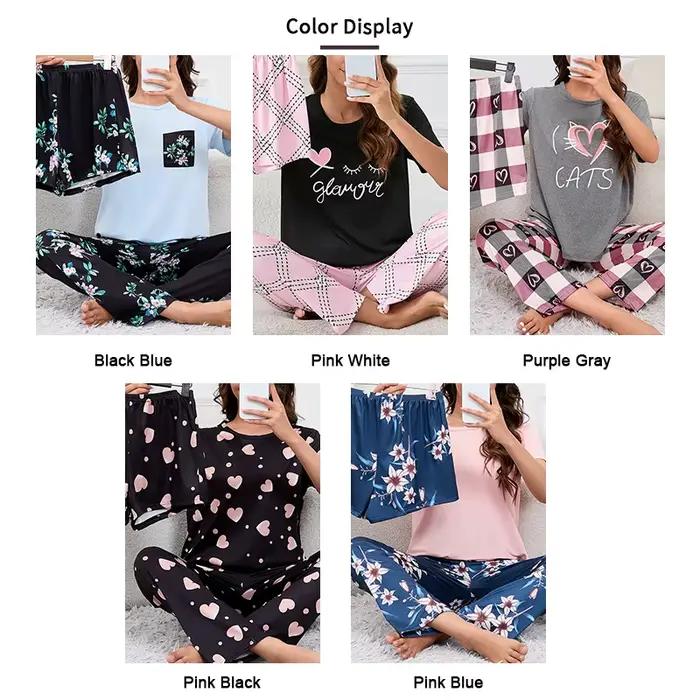Pyjama Femme costume de maison doux confort vêtements de nuit vêtements de détente autumer col rond hauts et shorts pyjama pantalon 3 pièces Pyjama Femme