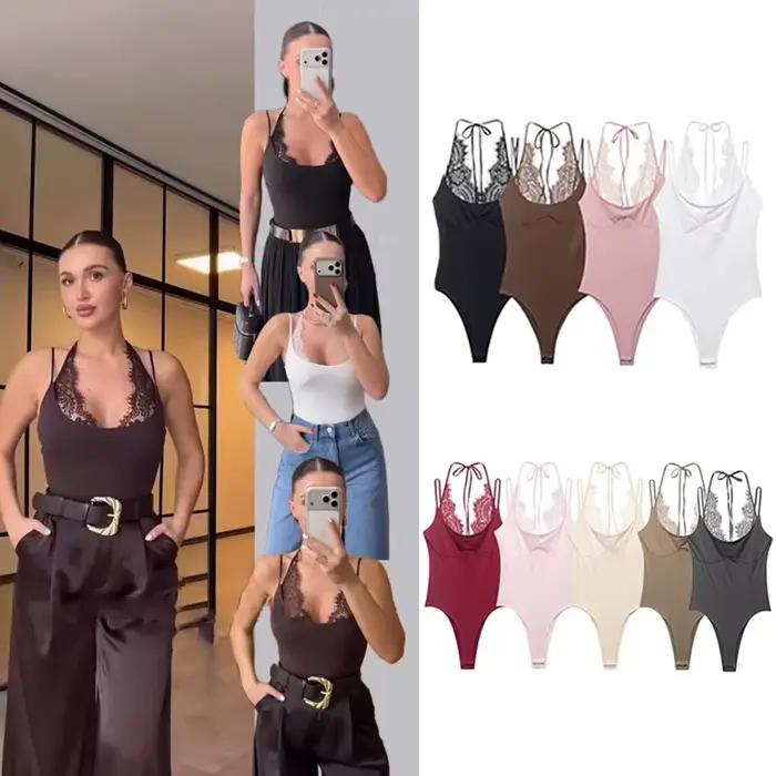 Body Femme 2026 Nouvelle Collection Été Noir Élégant Chic Personnalité Bretelles Fines avec Dentelle