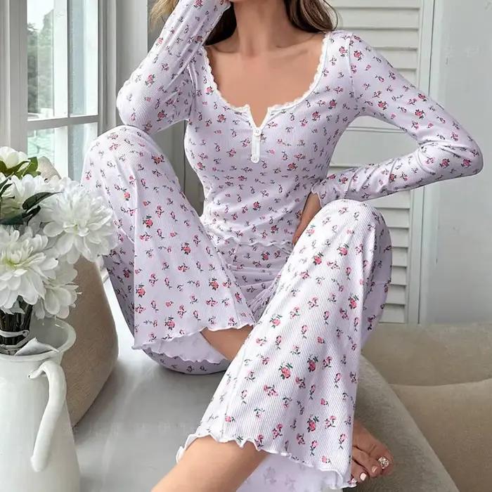 Ensemble pyjama pour femmes, doux et confortable, imprimé Floral, sexy, haut à manches longues et pantalon, vêtements de nuit, ensemble deux pièces, vêtements de maison