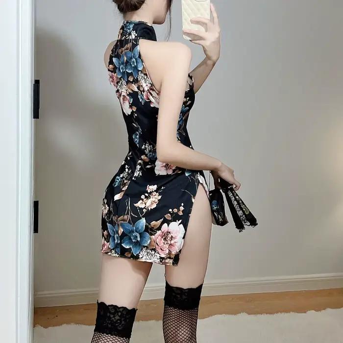 Lingerie Cheongsam de style chinois, ensemble uniforme imprimé moulant sans manches avec fente, découpes sensuelles et séduisantes pour femme