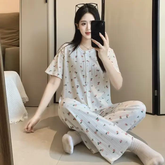 Pyjama rayé en coton rose pour femmes, ensemble deux pièces pour l'été, chemise à manches courtes et pantalon long, vêtements de nuit simples et doux