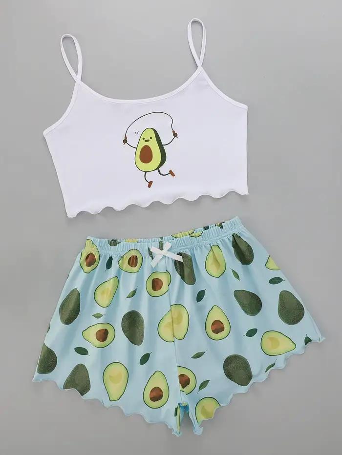 Ensemble pyjama d'été pour femmes, imprimé avocat, Camisole avec short, Lingerie décontractée et Sexy, nuisette, vêtements de maison, sous-vêtements