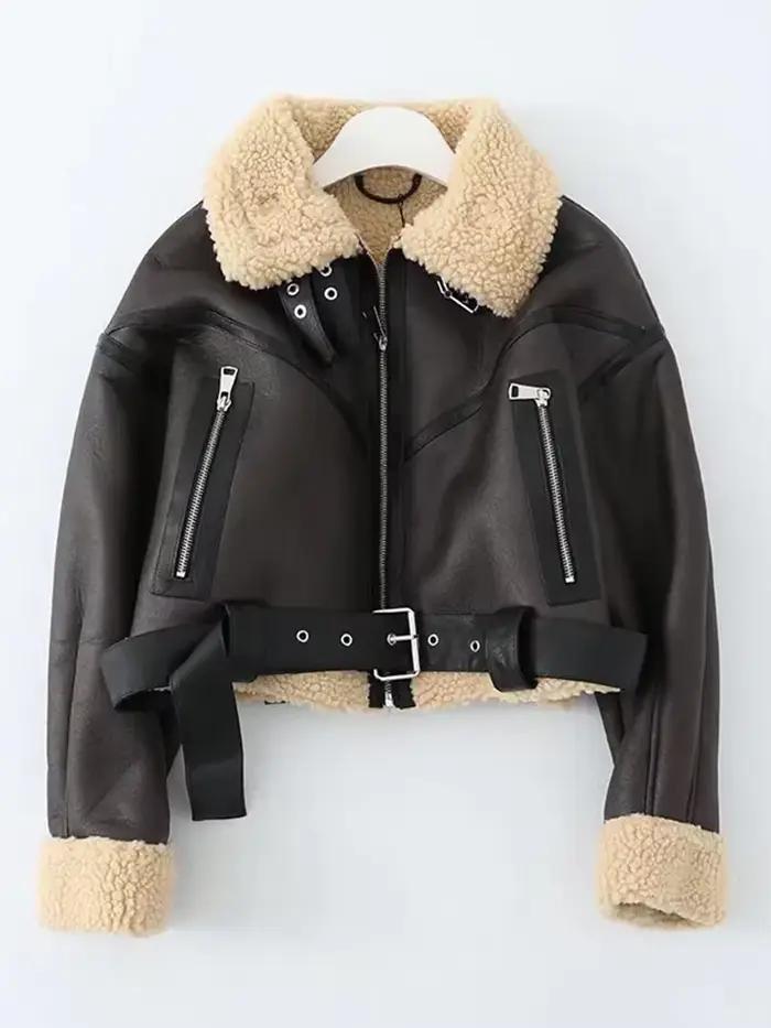 Ailegogo zimná dámska streetwear bunda z umelej jahňacej kožušiny s opaskom Moto Biker hrubý teplý kabát