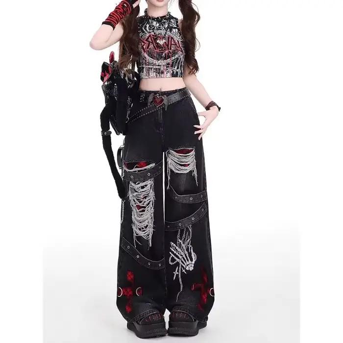 Americký štýl pikantné dievča voľné lenivé a uvoľnené džínsy žena punk retro prané módne všestranné nohavice