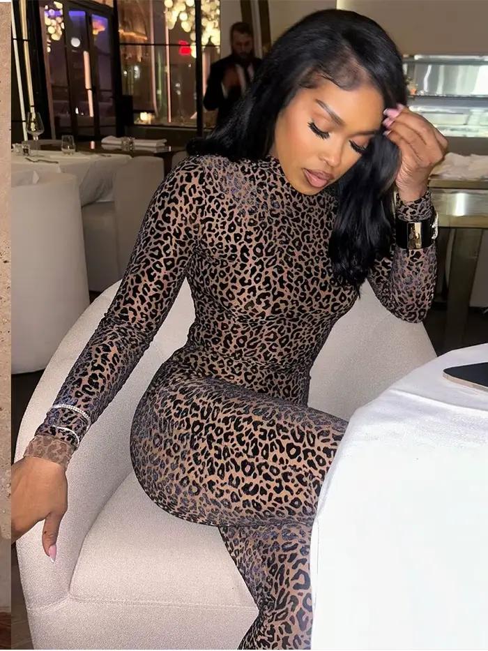 Nibber Priesvitná Sexy Leopard Sieťovina Kombinéza Pre Ženy