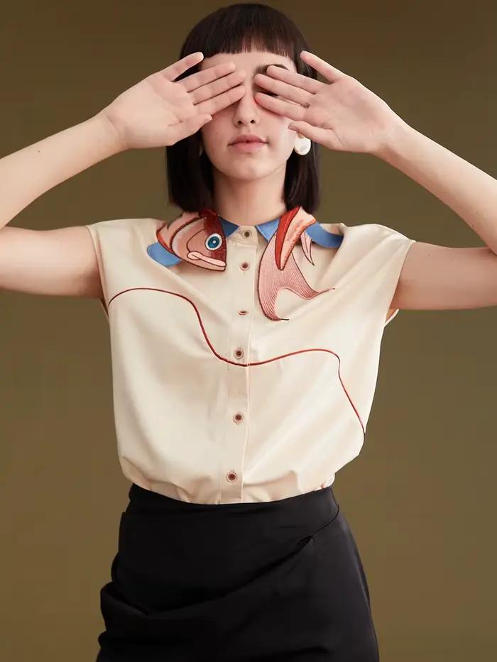 Chemise en coton vintage à broderie animal de compagnie pour femmes, décontractée et idéale pour les festivals de musique