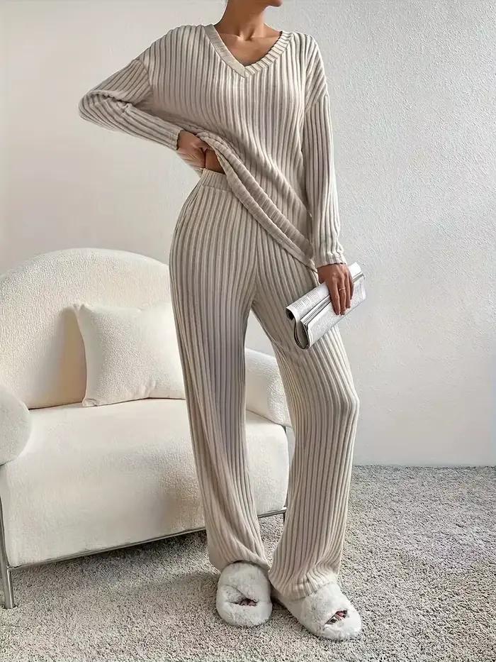 Ensemble pyjama 2 pièces pour femmes, vêtements de nuit, col en v, hauts et pantalons en tricot côtelé, vêtements de maison décontractés, automne et hiver