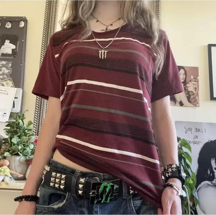 Dámske Y2k Grunge pruhované tričko voľný strih okrúhly výstrih krátke rukávy Emo top 2000s Harajuku Vintage pre tínedžerky dievčatá Goth