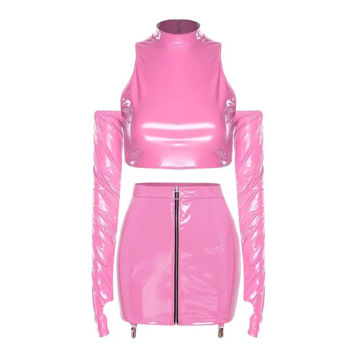 Tenues de pole dance pour femmes, effet cuir PU, tenue de clubbing, crop top découpé, fermeture éclair avant, dentelle florale au dos, mini-jupe moulante