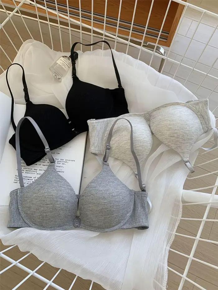 Soutien-gorge d'été pour femmes, rembourré fin, coupe A, push-up, design à boutons sur le devant, lingerie pour étudiantes, trois bretelles, dos ajouré
