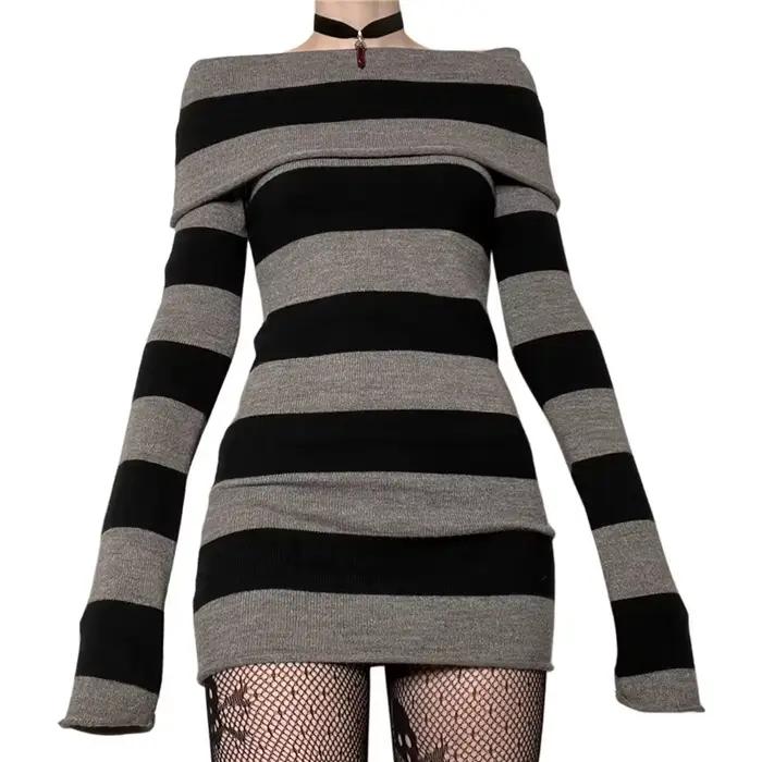 Y2K Pruhované Mini Šaty Mall Goth Grunge Emo Priliehavé Elegantné Pre Ženy S Odhalenými Ramenami Dlhé Rukávy Slim Fit