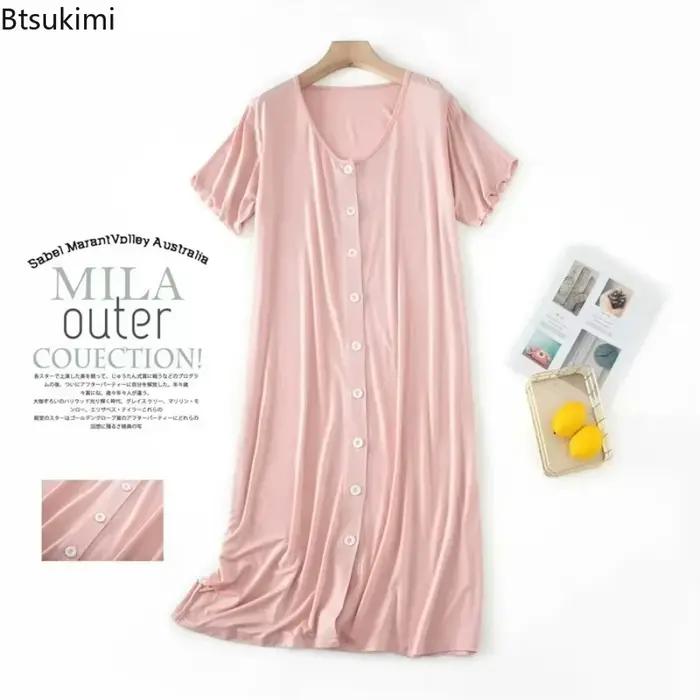 Nouveau Modal à manches courtes mi-long hauts de nuit robe de nuit avec bouton pour les femmes vêtements de nuit coton Cardigan grande taille robe de nuit