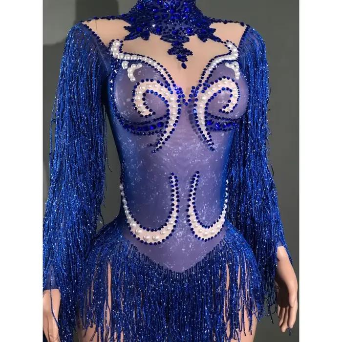 Nouvelle tenue de spectacle de danse pour femmes, costume de fête d'anniversaire, combinaison transparente de luxe grise à franges, strass argentés et perles