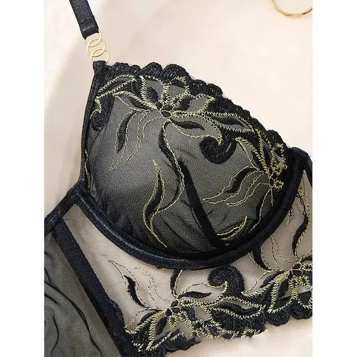 Ensemble de lingerie noire en maille pour femmes, broderie délicate, soutien-gorge et culotte fins, lingerie sexy transparente pour lune de miel