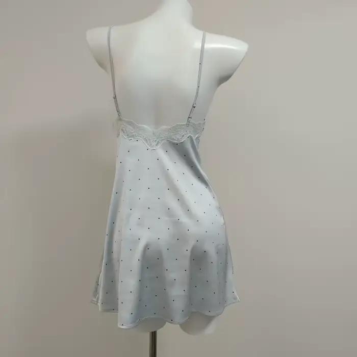 Pyjama de lingerie sexy pour femme, chemise de nuit amincissante d'été en soie glacée à pois et dentelle de haute qualité, tenue d'intérieur