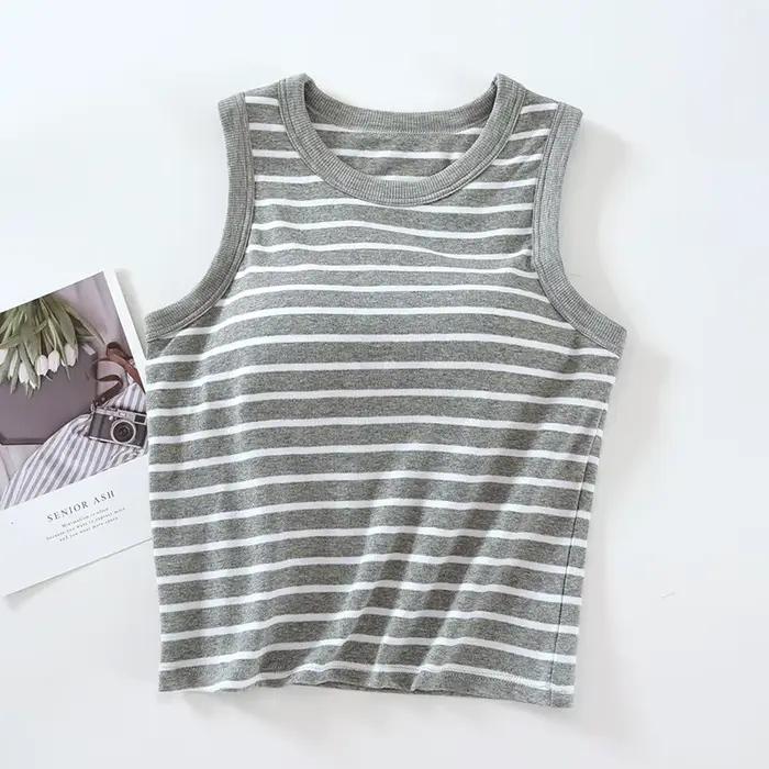 Une pièce pyjamas hauts pour femmes nouvelle mode rayé sans manches vêtements de nuit pour enfants chemise mince coton coussin de poitrine sommeil T-Shirts