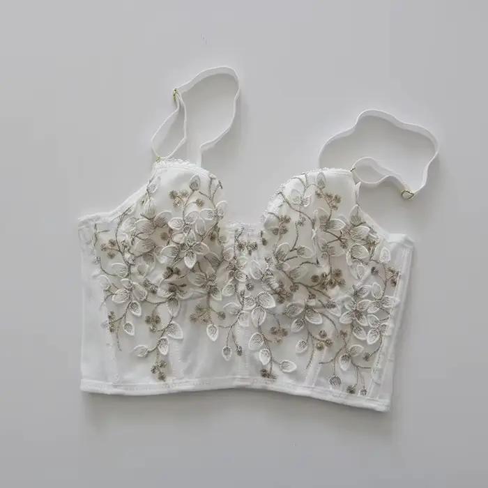 Soutien-gorge brodé 3D sexy en dentelle, corset à baleines, avec fermeture élargie et armature en acier, qui rehausse et absorbe la transpiration, sous-vêtement