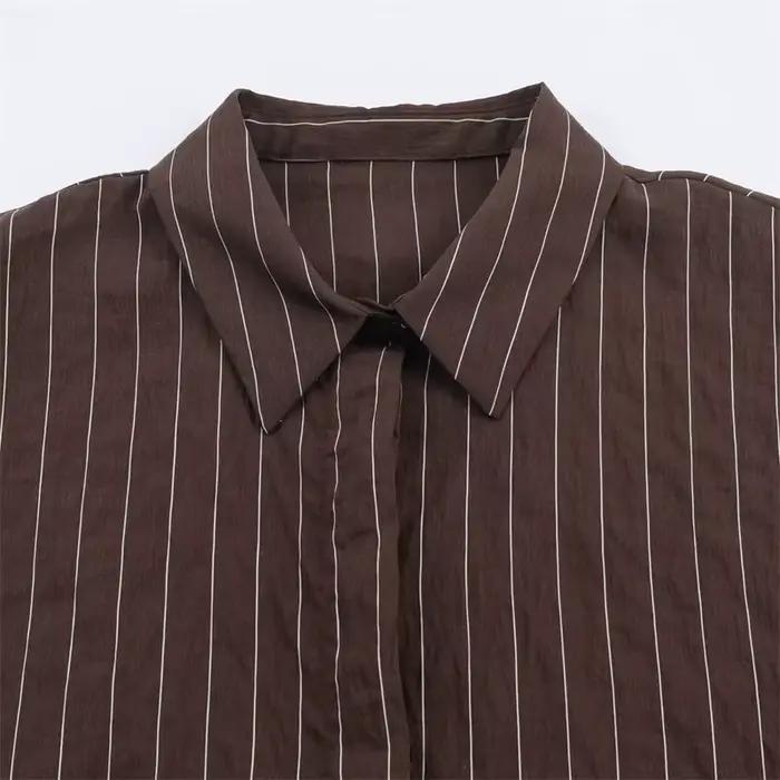 Chemise féminine décontractée avec col rabattu et motif rayé pour femmes, polyester, taille large, printemps et automne