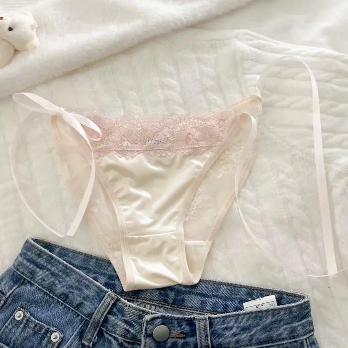Culottes transparentes en dentelle sans couture à motif floral, taille mi-haute, avec lacets, en maille et satin de soie pour femme